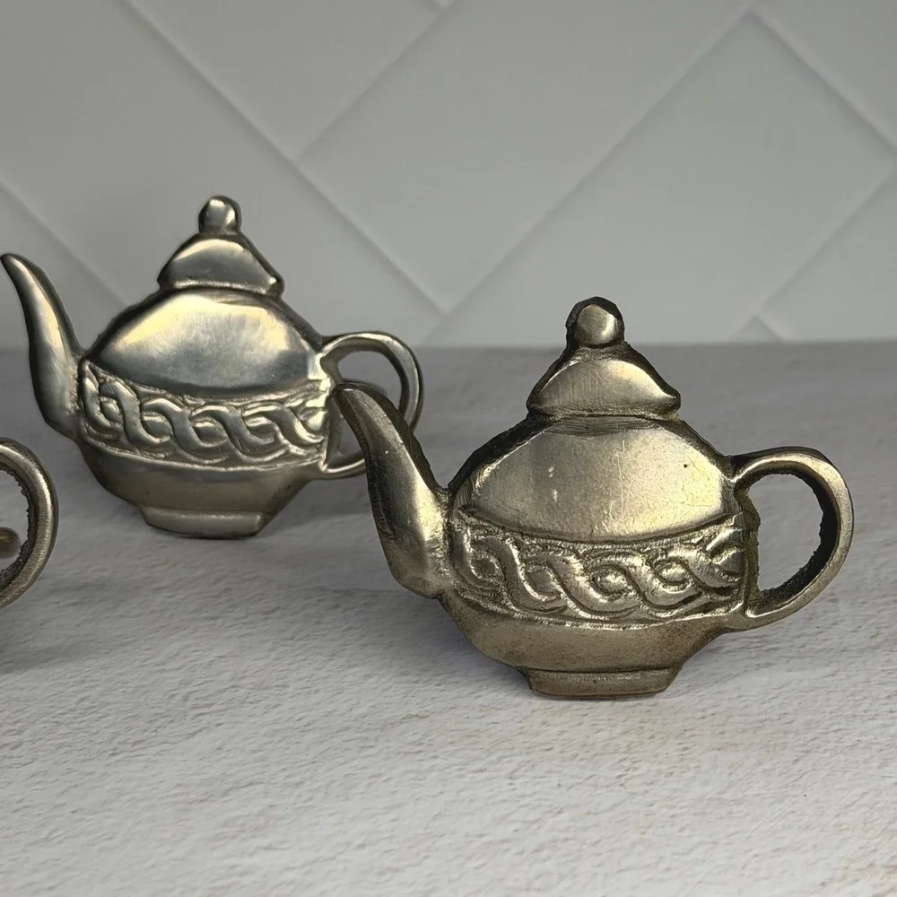 Set of 6 Teapot Napkin Rings Silver Tone Metal Celtic Knot Table Decor Vintage